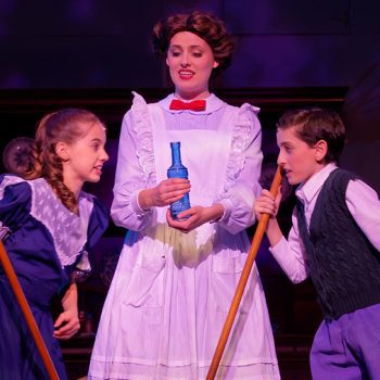 Mary Poppins and two children mopping floors