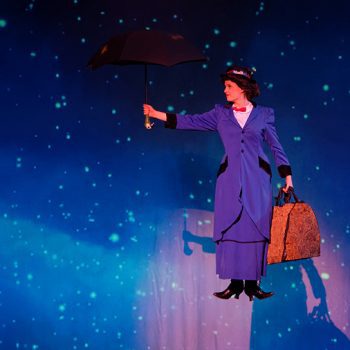 Mary Poppins flying with an umbrella