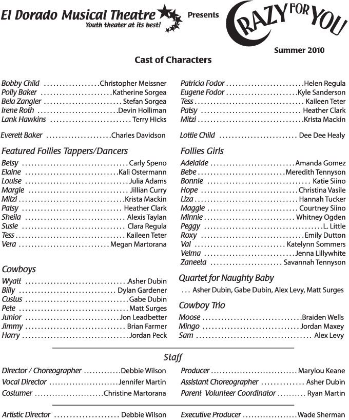 Cast list for Crazy for You