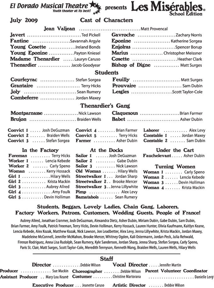 Cast list for Les Misérables