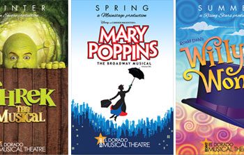 Posters for Shrek the Musical, Mary Poppins, and Willy Wonka