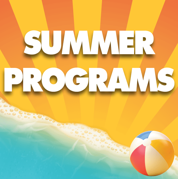 Summer programs with a beach ball in the background.