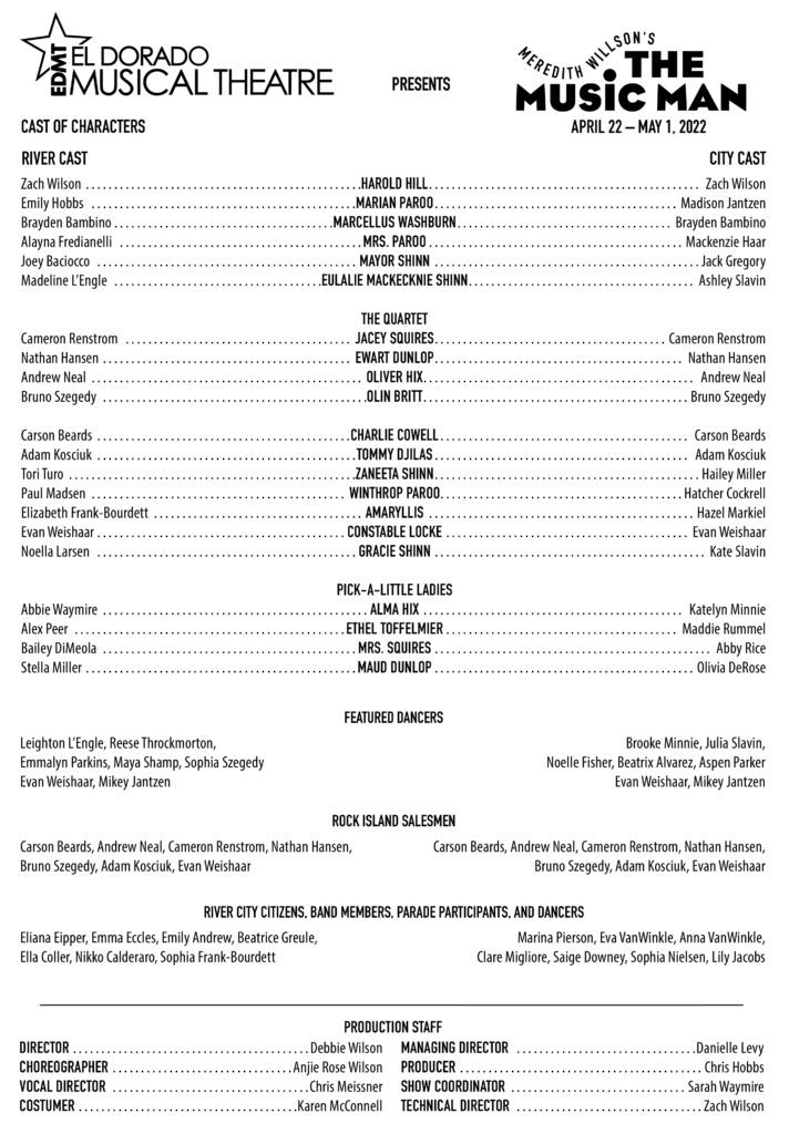 Cast list of the El Dorado Musical Theatre performance of Music Man