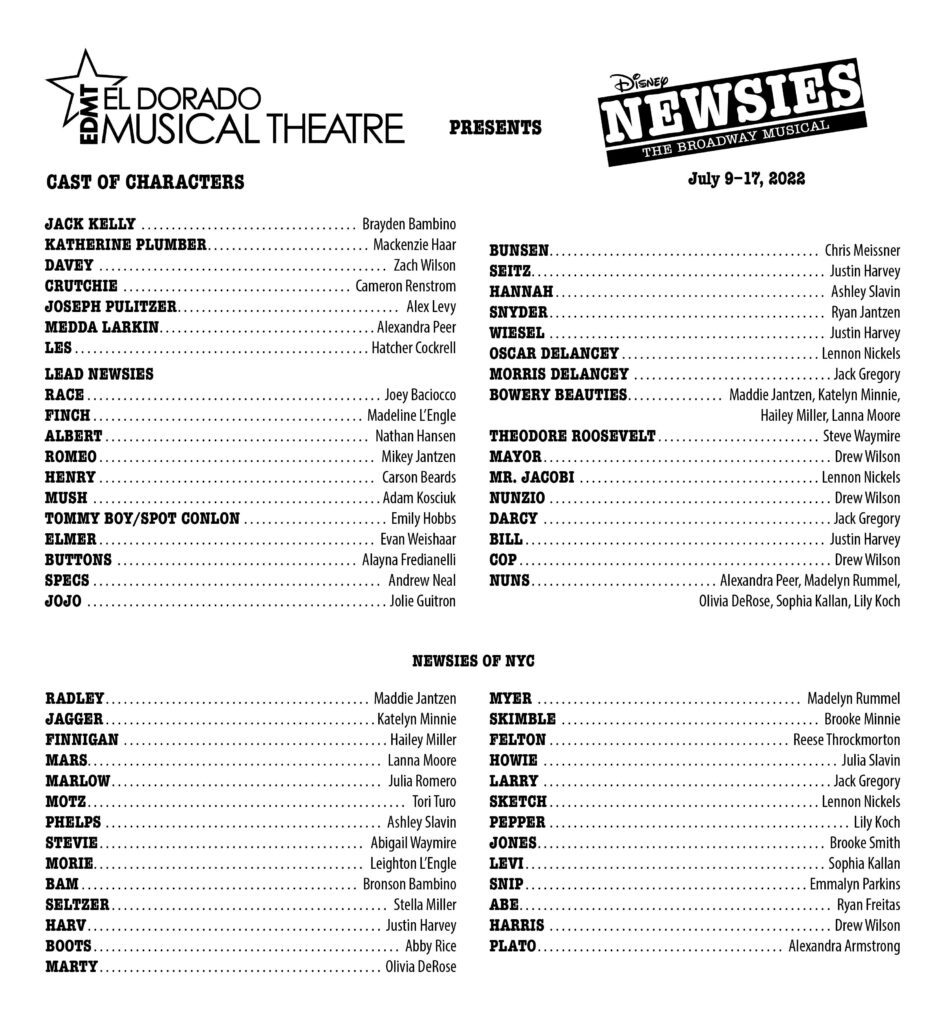 Cast list of the El Dorado Musical Theatre performance of Newsies