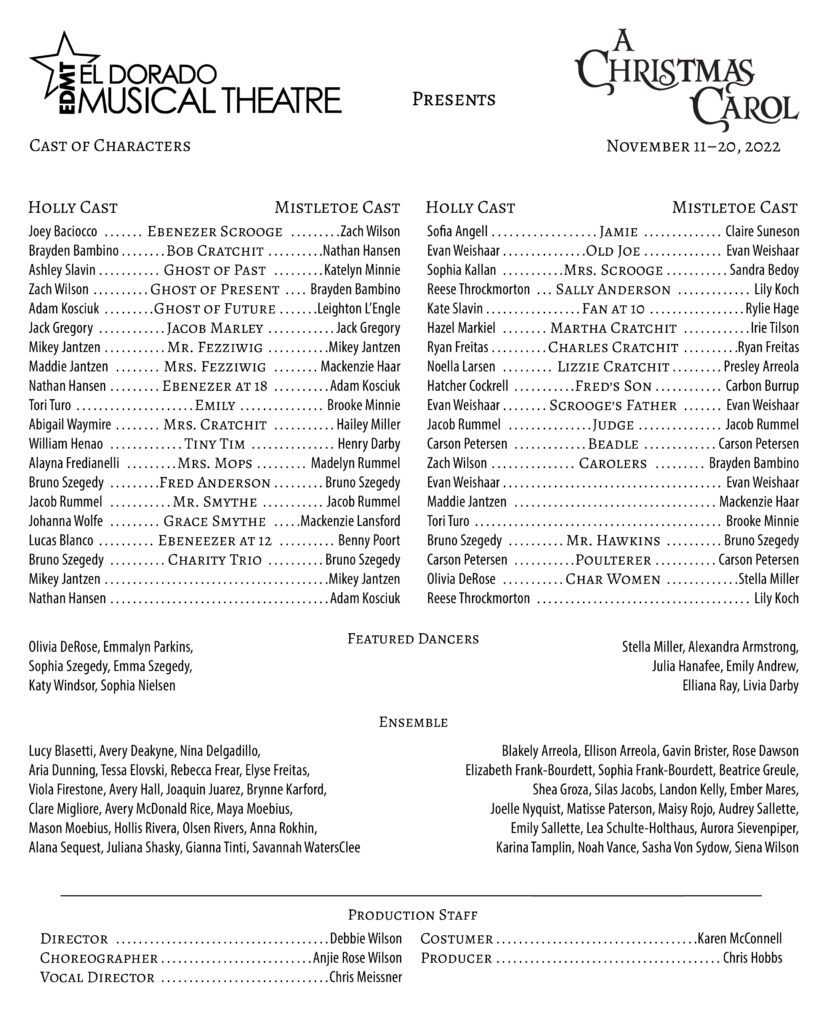 Cast list of the El Dorado Musical Theatre performance of A Christmas Carol