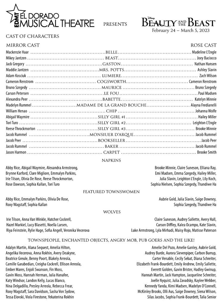 Cast list of the El Dorado Musical Theatre performance of Beauty and the Beast
