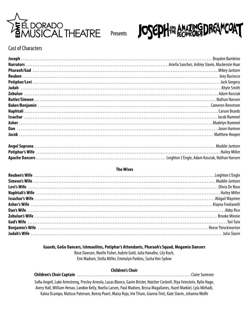 Cast list of the El Dorado Musical Theatre performance of Joseph and the Amazing Technicolor Dreamcoat