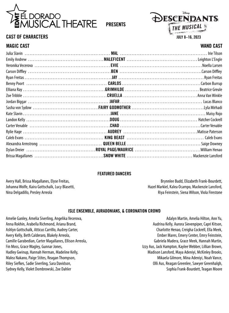 Cast list of the El Dorado Musical Theatre performance of Disney’s descendants