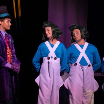 Willy Wonka with three Oompa Loompas