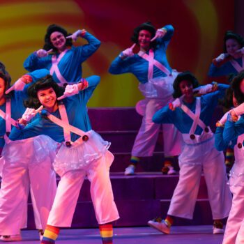 Synchronized dancers in bright blue retro costumes