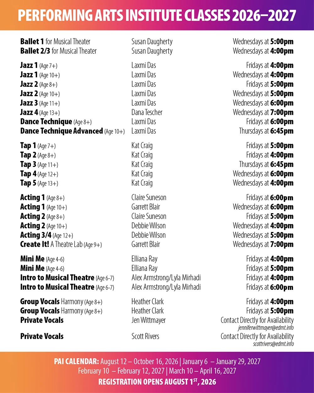 Performing Arts Institute class schedule