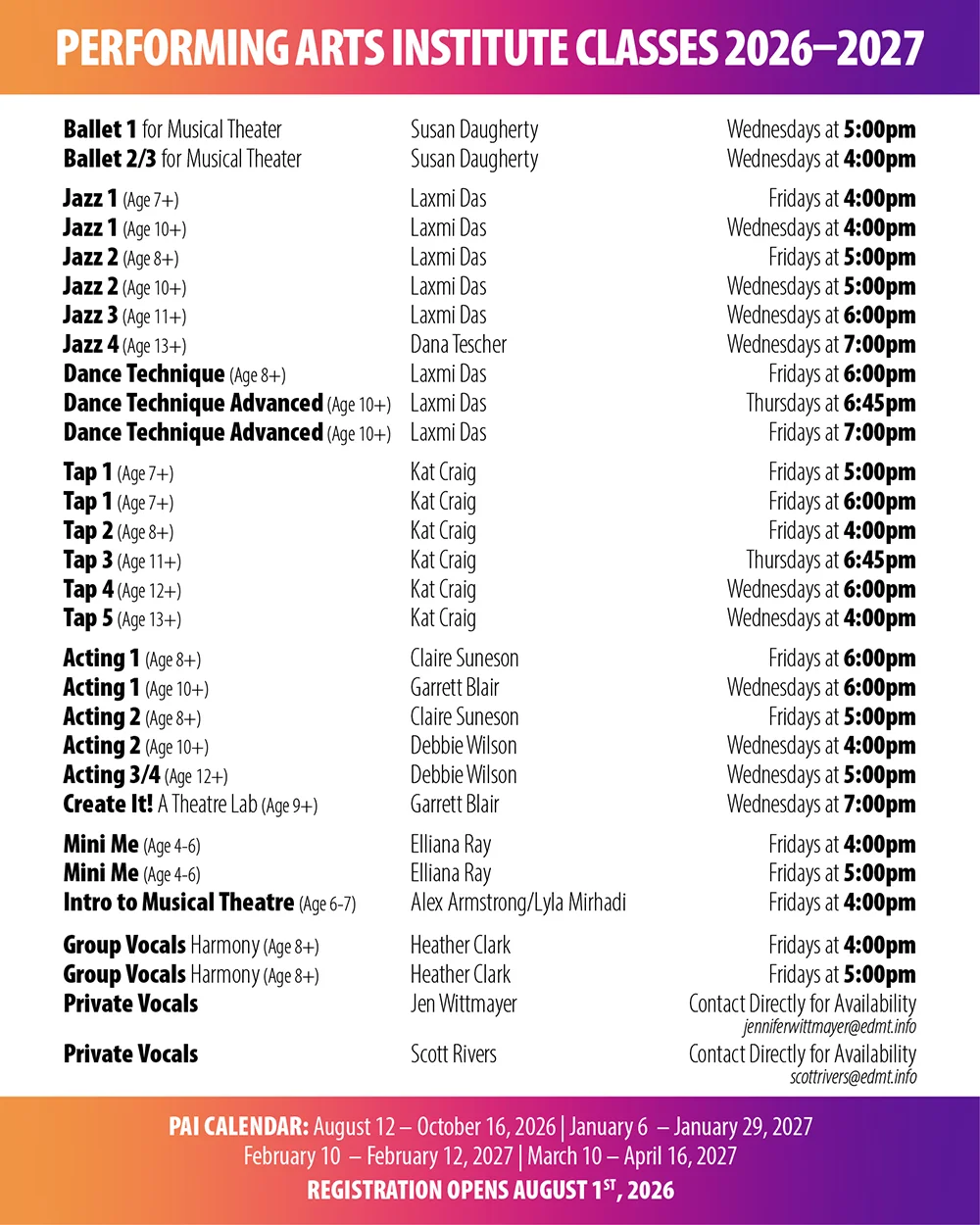 El Dorado Musical Theatre Peformance Arts Institute 2026 Schedule