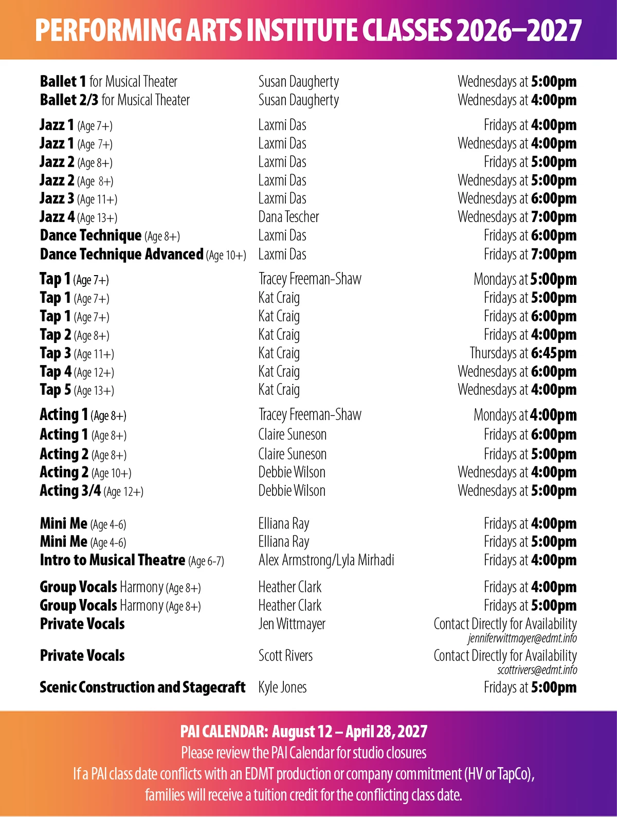 El Dorado Music Theatre Performing Arts Institute 26-27 class schedule